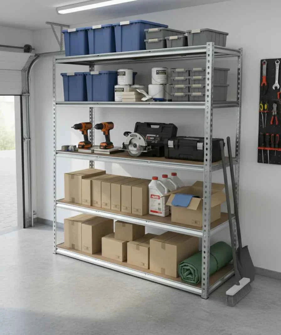 Heavy-duty black metal shelving units organized with household essentials and tools.