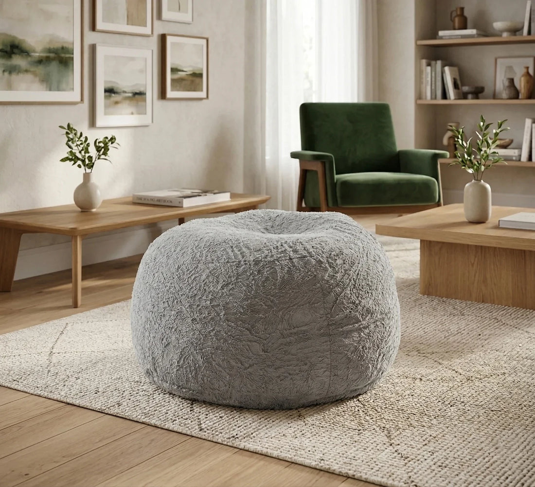 DreamFold 3-in-1 convertible floor sofa bed in grey faux fur.