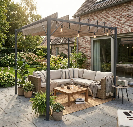 Luxury aluminium freestanding pergola with adjustable rotating louvre slats.