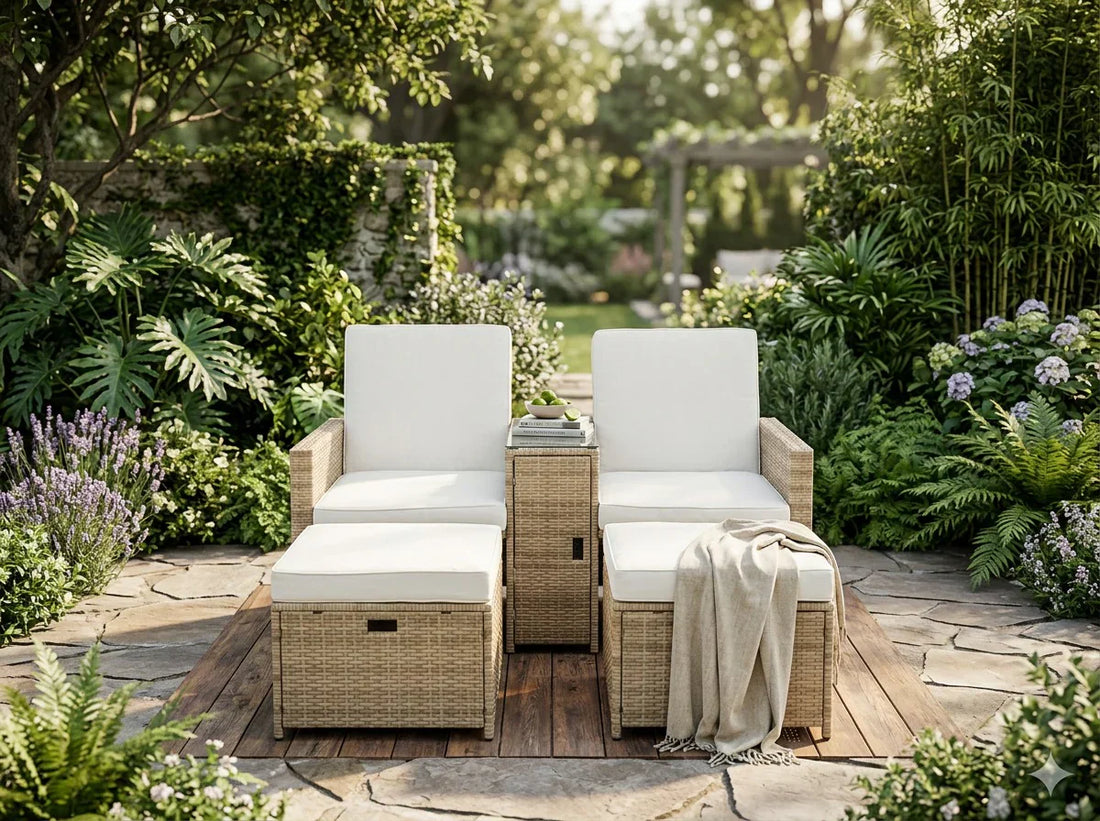 Zanzibar 5pc Patio Set in grey rattan featuring adjustable backrest sofas, two tuck-away ottomans, and a storage coffee table on a modern South African patio.