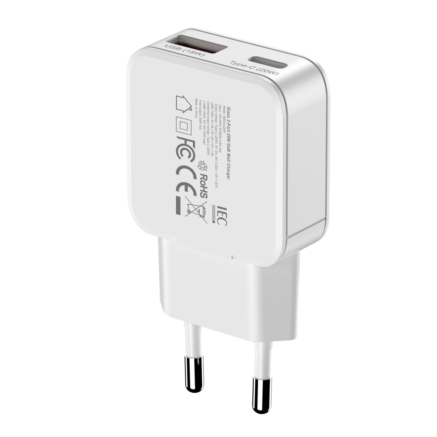 Gizzu 2-Port 20W GaN Wall Charger | USB-C PD + USB-A | SYNTECH