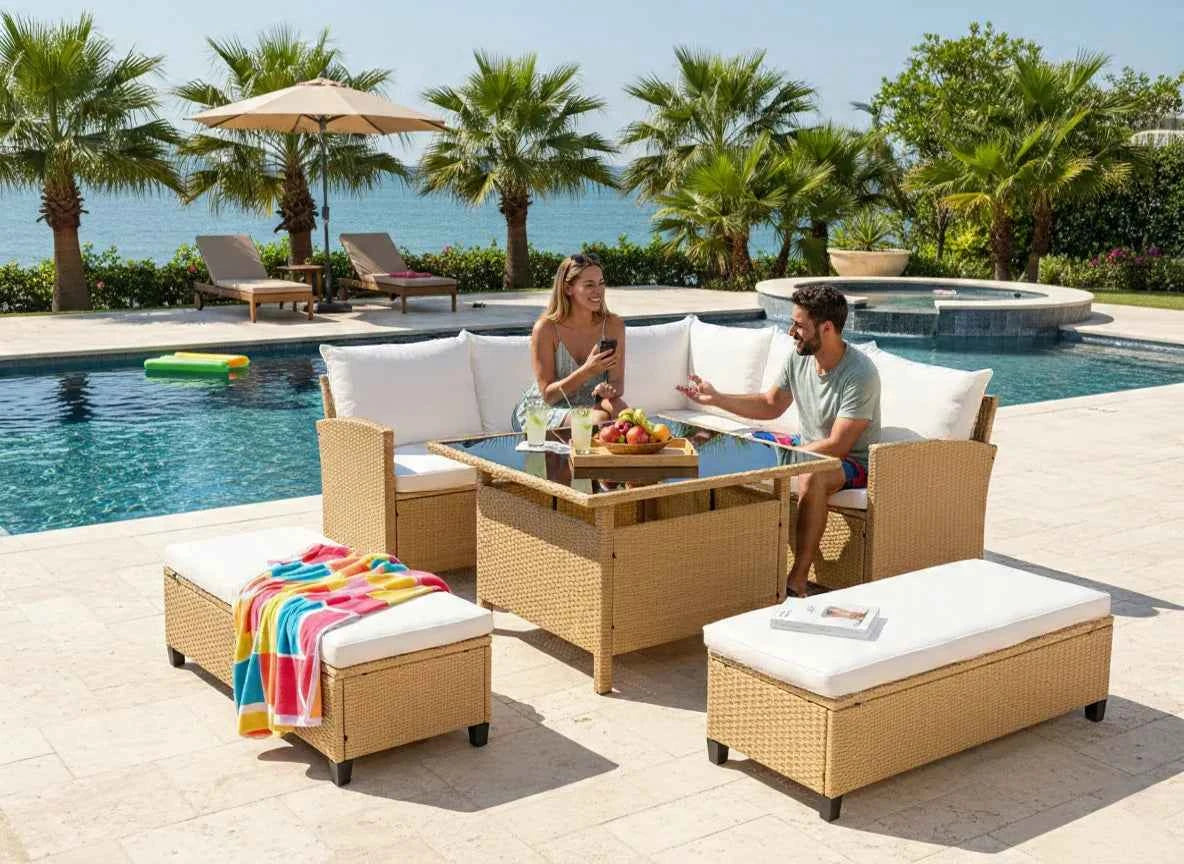 Barbados Corner Lounge Set Brown with Beige Cushions
