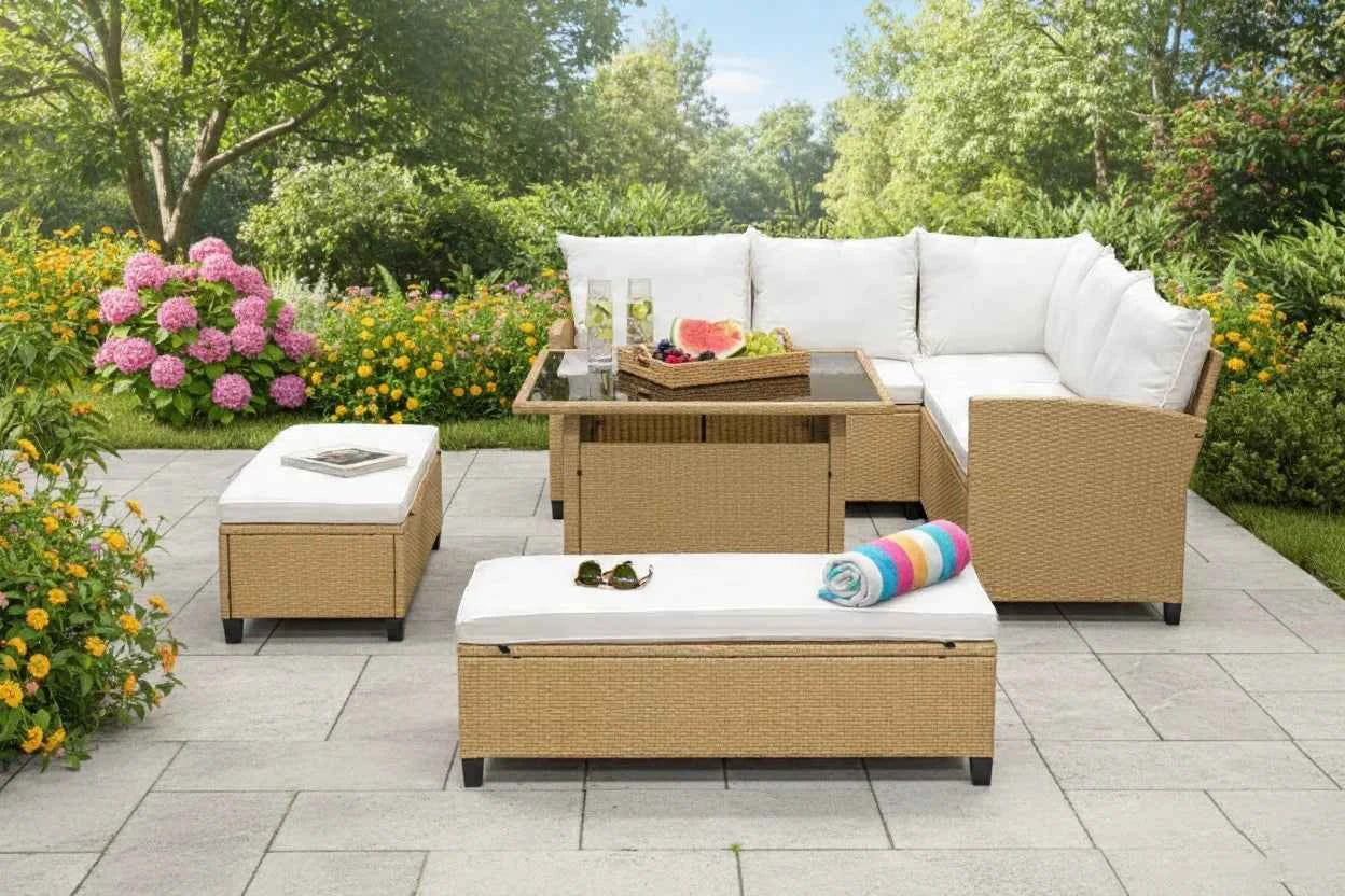 Barbados Corner Lounge Set Brown with Beige Cushions