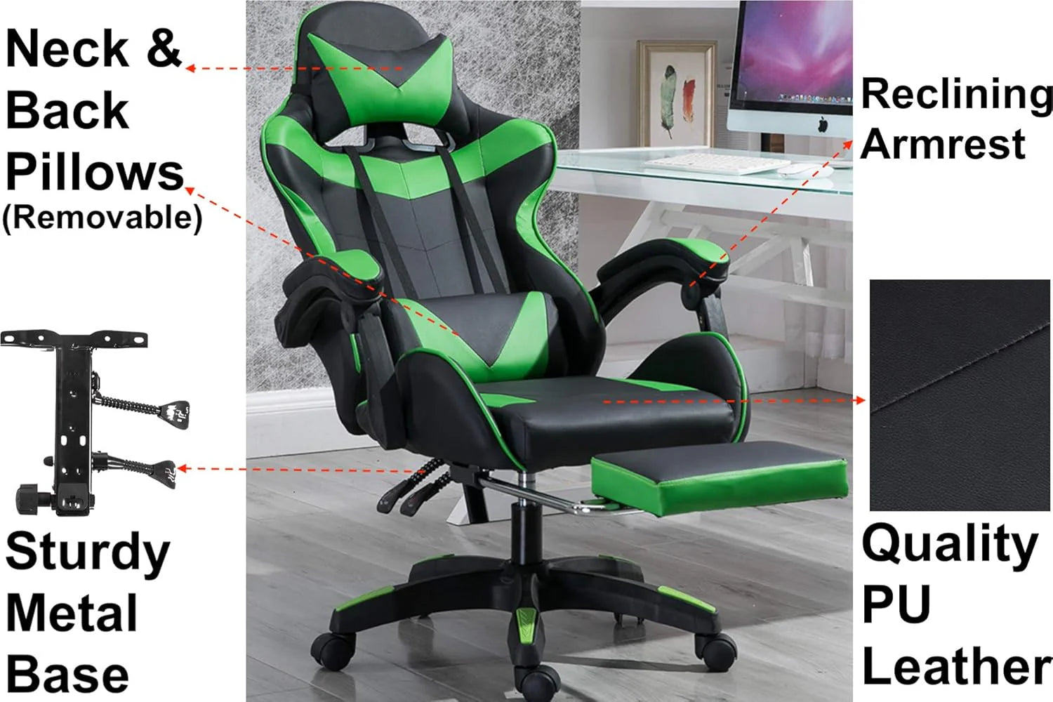 LED Lights Gaming Chair - Green/Black calasca